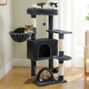 Arbre à chat avec hamac gris foncé et chats installés dans chaque zone de repos