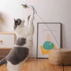 Chat gris et blanc tentant d’attraper un oiseau suspendu – Canne à oiseau interactive pour chat.