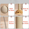 Détails des éléments de la tour griffoir en sisal : balle, base, plumes et poteau.