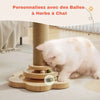 Chat qui renifle des balles à herbe à chat insérées dans la tour griffoir en sisal.