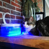 Chat allongé à côté d’une fontaine à eau pour chat illuminée en bleu, avec filtre actif.