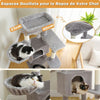 Arbre à chat avec hamac et lits douillets pour le repos des chats, avec mesures visibles.