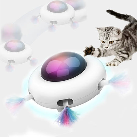 Chat jouant avec un jouet automatique pour chat en forme de soucoupe lumineuse.