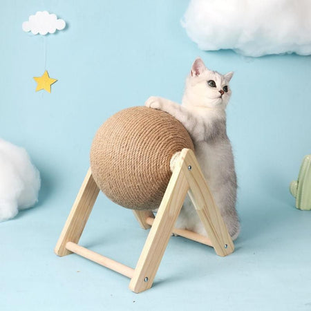 Chat blanc jouant avec un griffoir chat sisal sur fond bleu ciel.