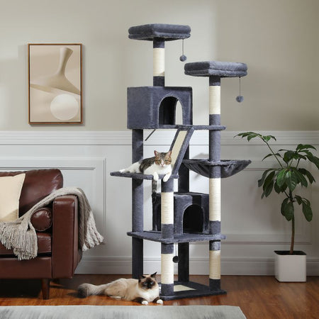 Arbre à Chat XXL gris foncé avec poteaux à griffer et coussins en hauteur.