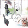 Jouet Souris Pour Chat suspendu avec illustration du mécanisme et chat bondissant.