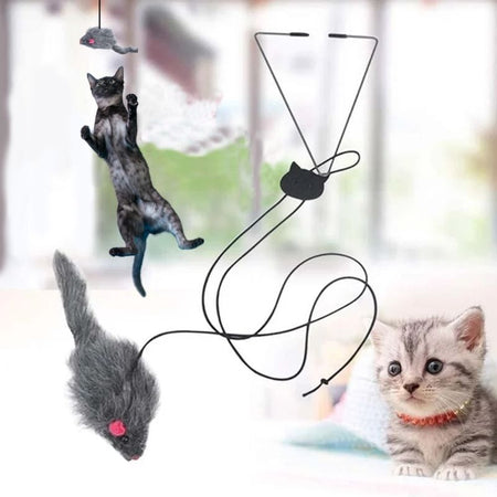 Jouet Souris Pour Chat suspendu avec illustration du mécanisme et chat bondissant.