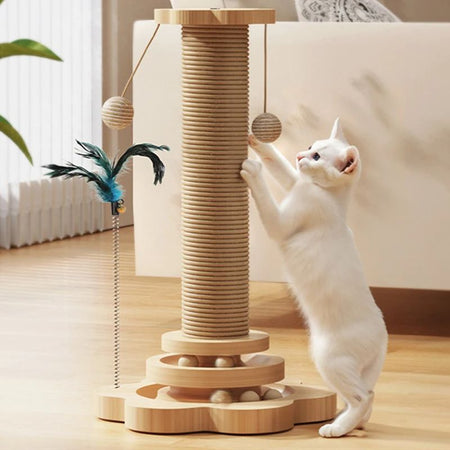 Chat blanc qui joue avec une tour griffoir en sisal dans un salon lumineux.
