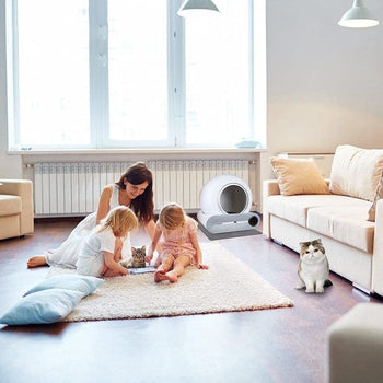 Litière Chat Autonettoyante dans un salon familial, adaptée à la vie avec enfants et animaux.