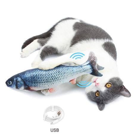 Chat câlinant un jeu poisson pour chat avec effet de vibration visible.